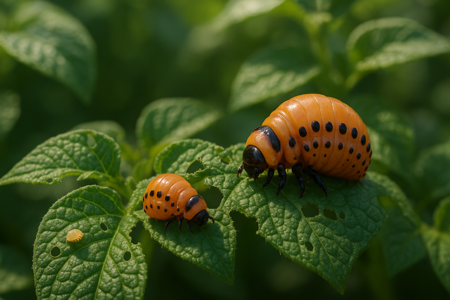 Колорадский жук на листе картофеля, стадии жизненного цикла: яйца, личинки, куколка, взрослый жук