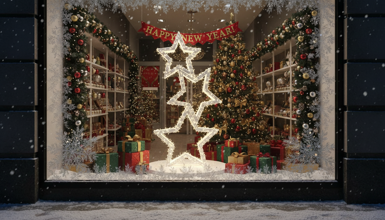 Ёлочка из звёзд Витрина магазина с новогодним оформлением