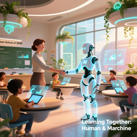 <img src="ai-in-education.jpg" alt="Human teacher collaborating with AI assistant in a futuristic classroom">