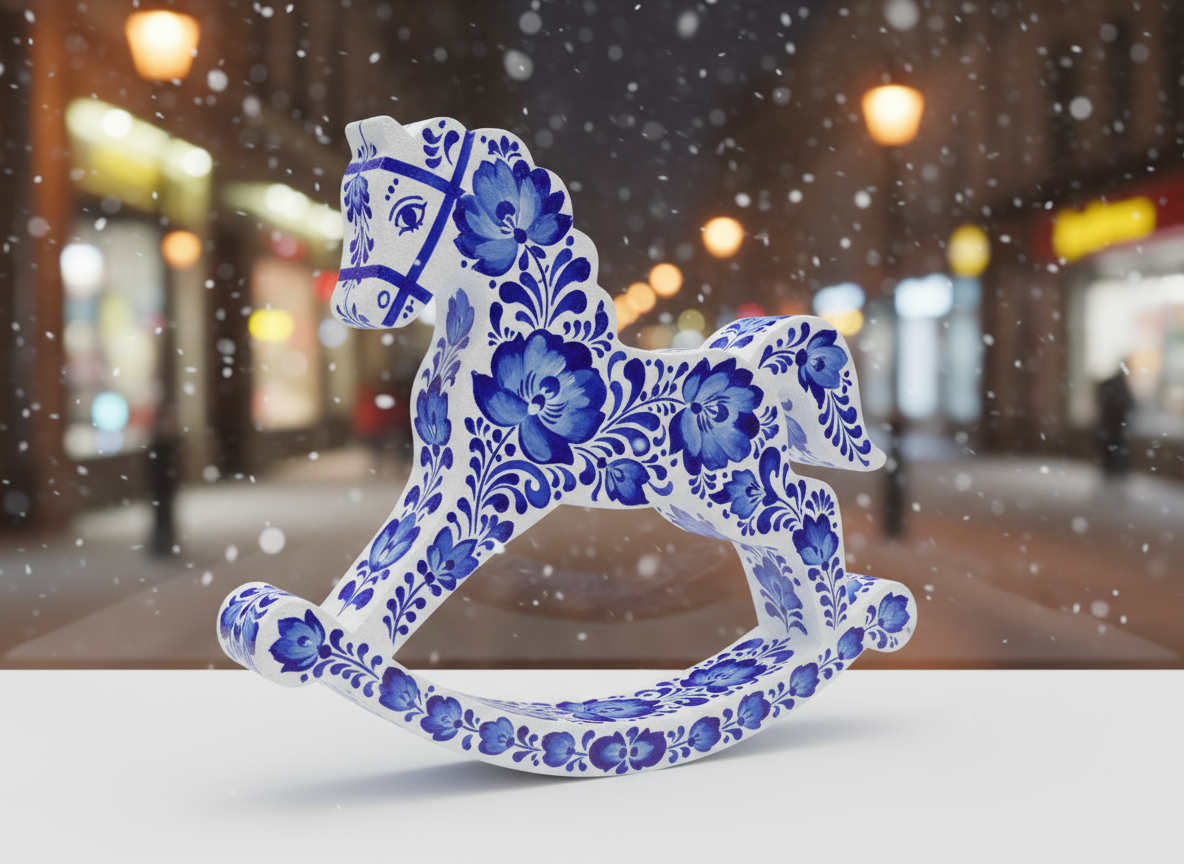 Лошадь-качалка. Лошадь-качалка из пенопласта, расписанная под Гжель, стоит на витрине магазина.