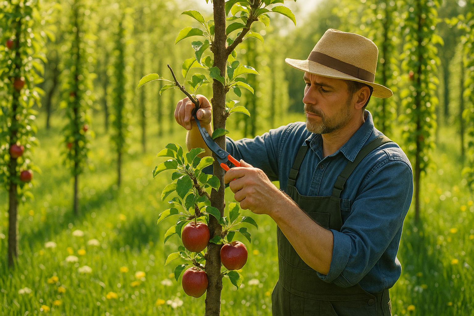 Схема правильной обрезки колоновидной яблони с указанием точек среза и формирования плодовых ветвей
