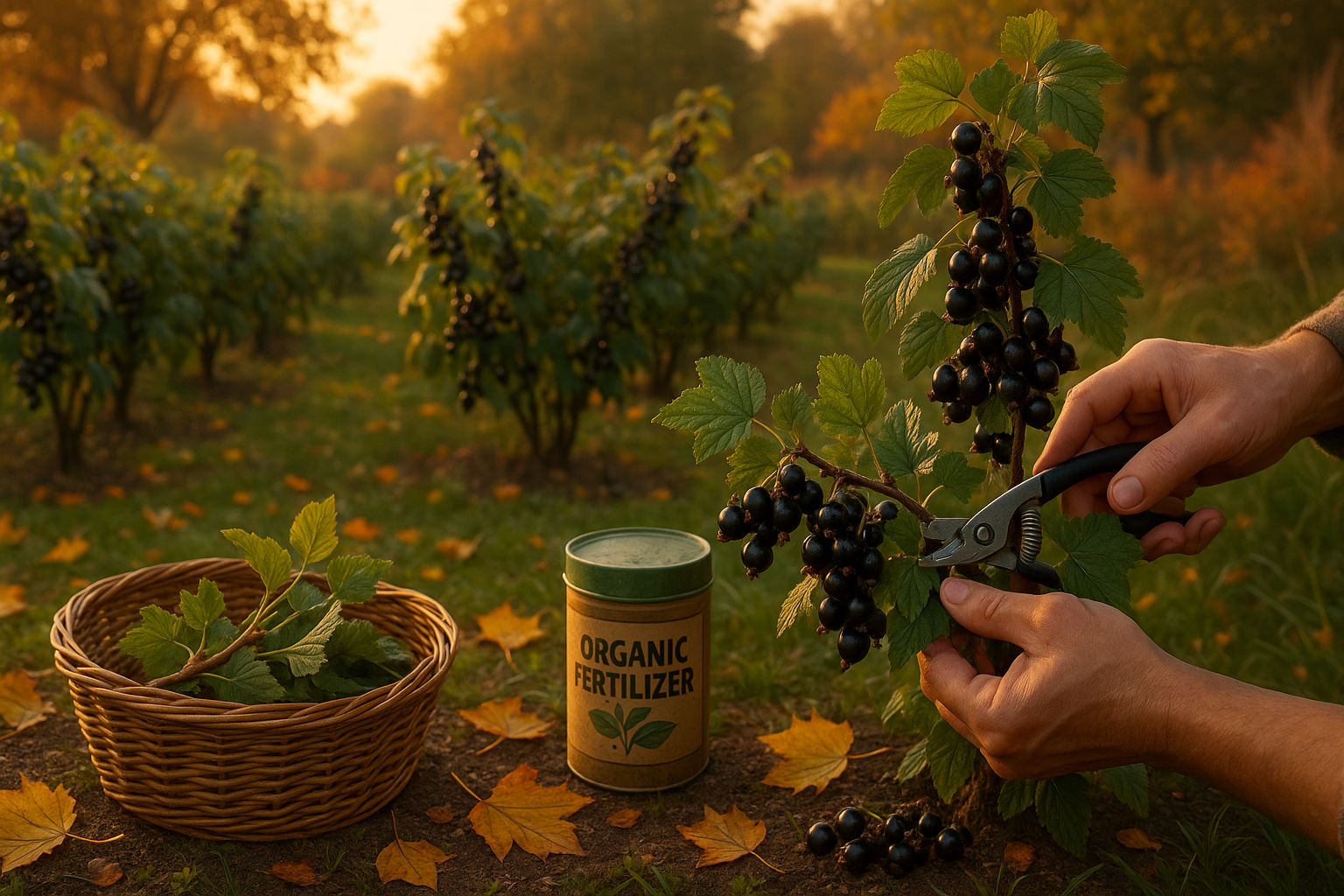 Процедура обрезки смородины - садовод с секатором аккуратно подрезает ветви смородинового куста