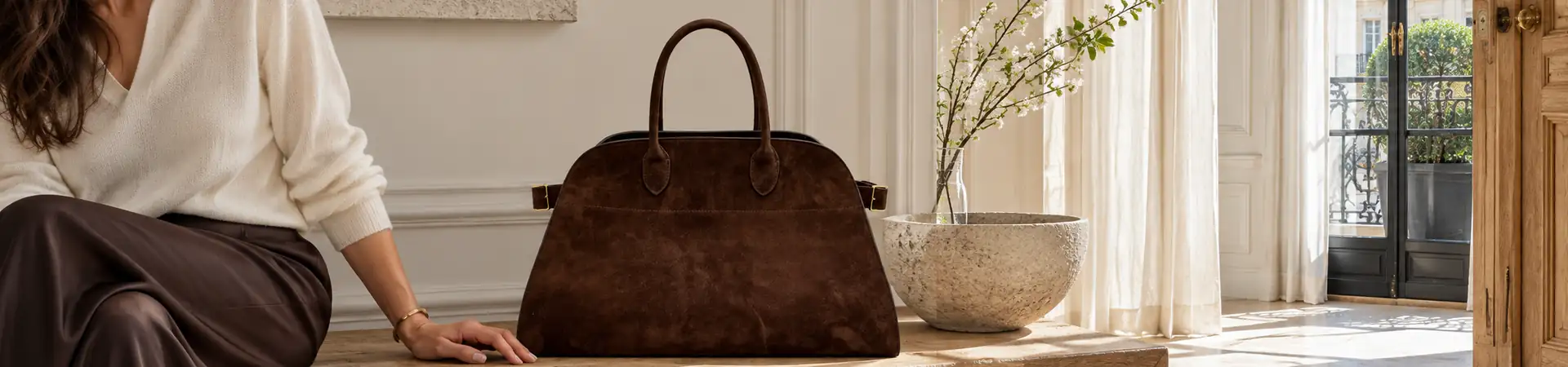 Сумка тёмно-коричневая от The Row Margaux 15 BP5-792452 в lifestyle-сцене к статье «Большая сумка без загадок: что проверить у Margaux 15»