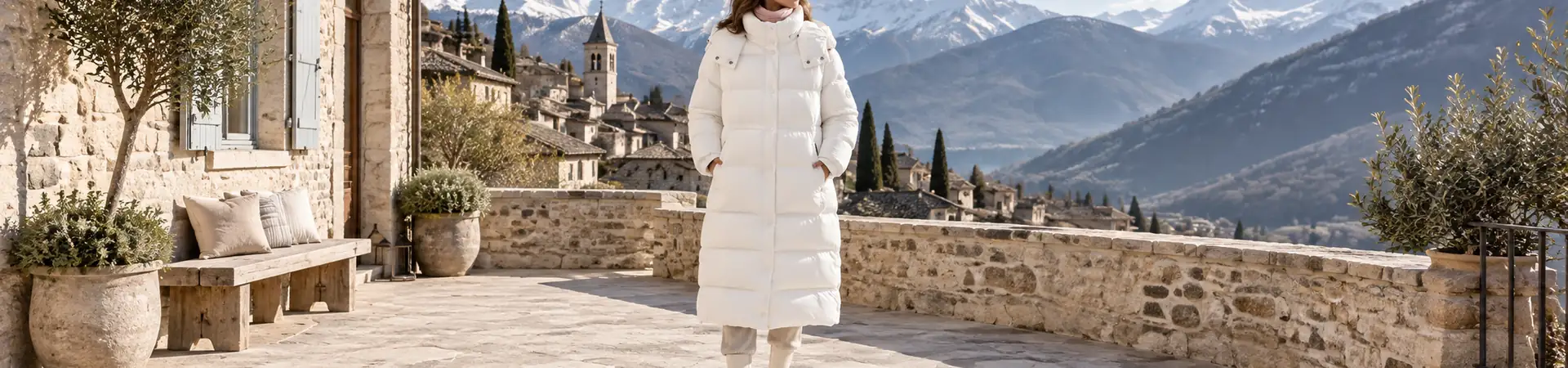 Пуховик белый от Moncler Cavettaz Hooded Long Down BP5-405081 в lifestyle-сцене к статье «Белый пуховик и цвет у лица: три примерки с шарфом»