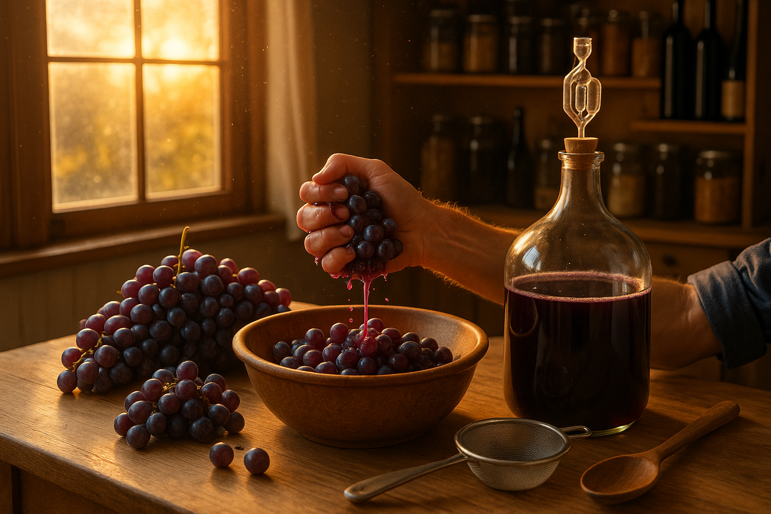 Бутылка домашнего вина из винограда на деревянном столе с виноградной гроздью