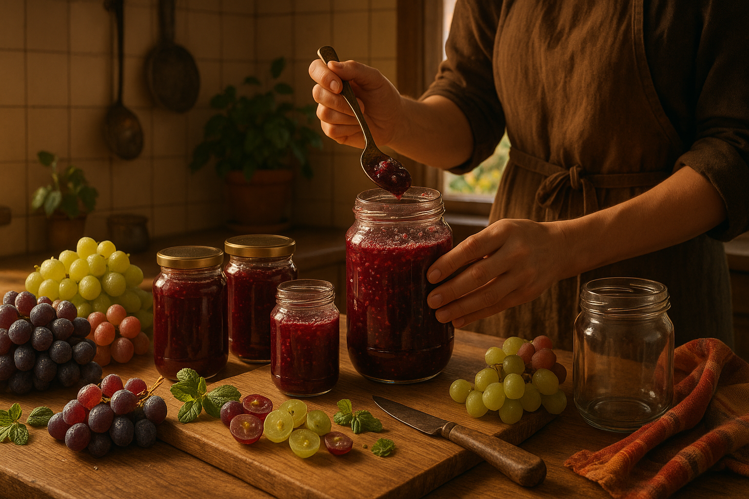 Домашний виноград с гроздьями ягод на фоне листьев