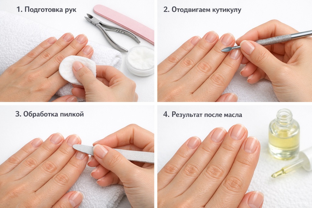 Пошаговый пилочный маникюр в домашних условиях: подготовка рук и инструментов, отодвигание кутикулы, обработка пилкой и результат после масла.