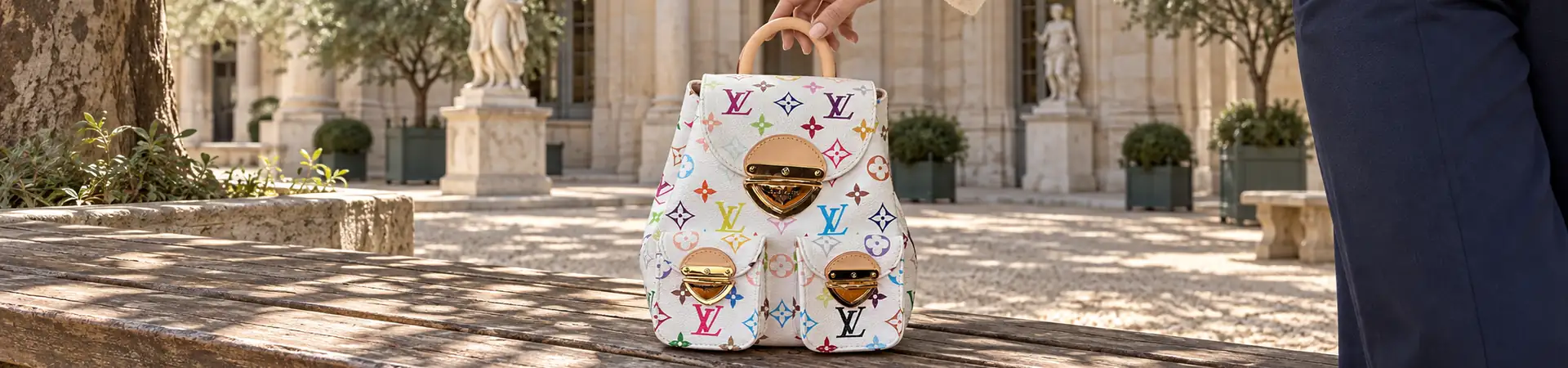 Рюкзак белый с разноцветным принтом от Louis Vuitton x Murakami Venice BP5-232762 в lifestyle-сцене к статье «Рюкзак с тремя карманами: что держать под рукой»