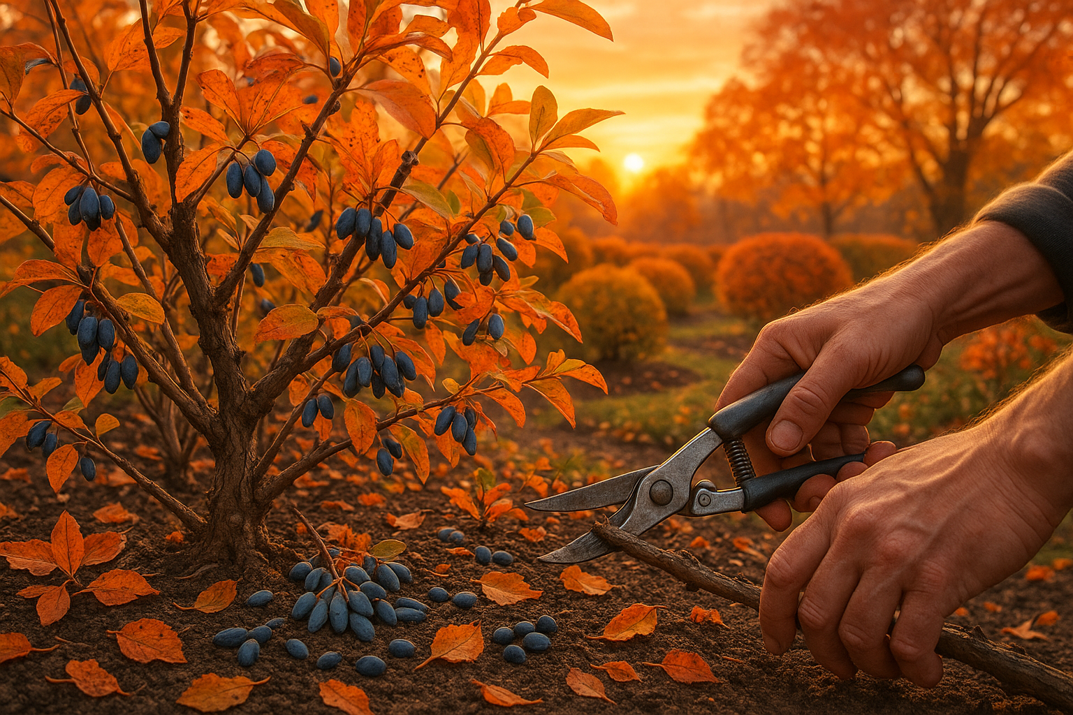 Омолаживающая осенняя обрезка плодовых деревьев с секатором в саду