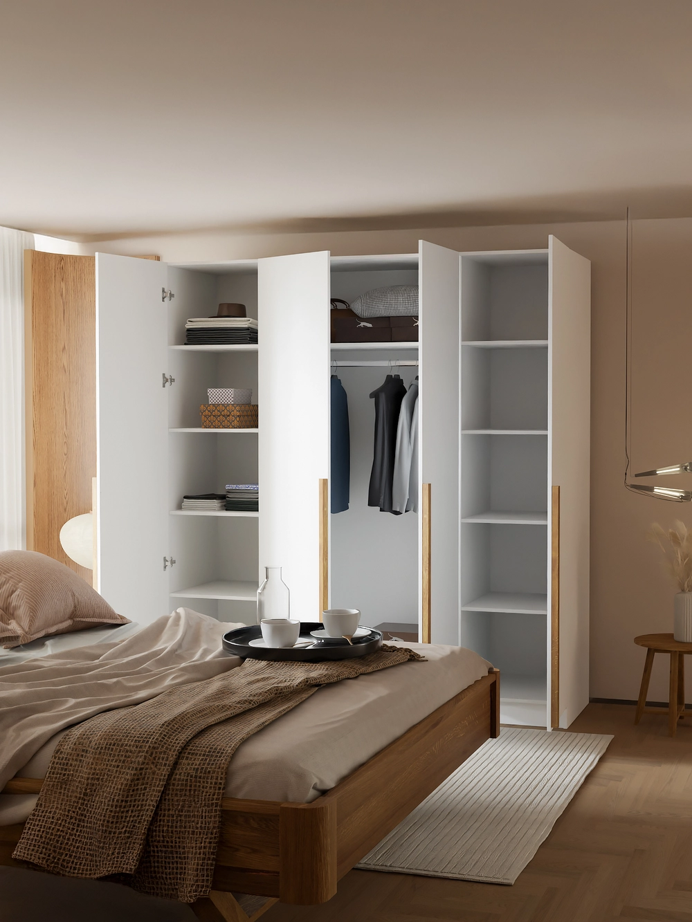 Шкаф распашной четырехдверный Джамбо+ с дубовыми ручками, белый, 215х200х58