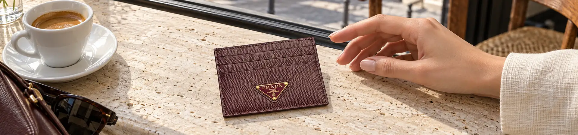 Картхолдер бордовый от Prada BP5-728713 в lifestyle-сцене к статье «Картхолдер вместо кошелька: что придётся переложить»