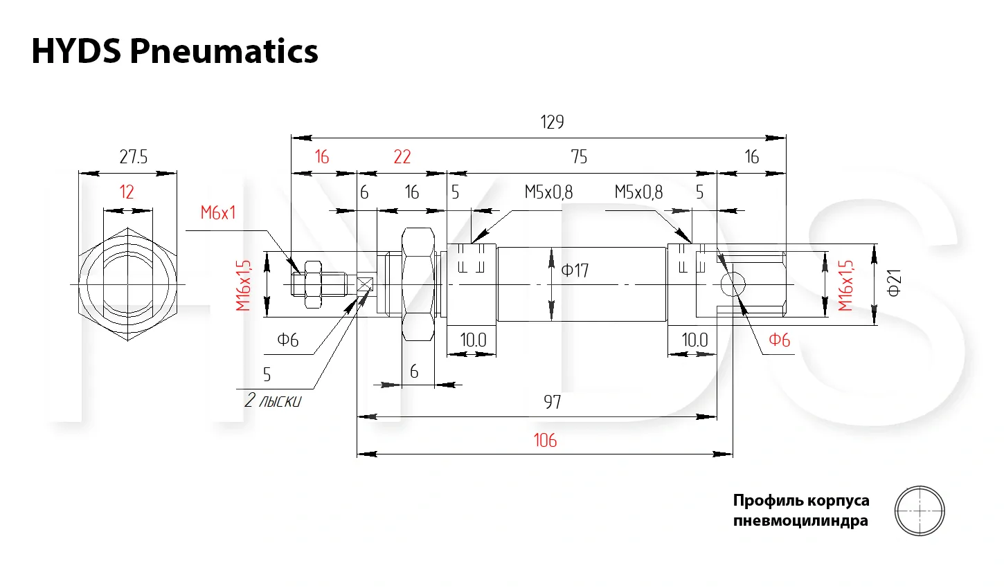 Чертёж пневмоцилиндра MA 16x15-S Размеры пневмоцилиндра MA 16x15-S