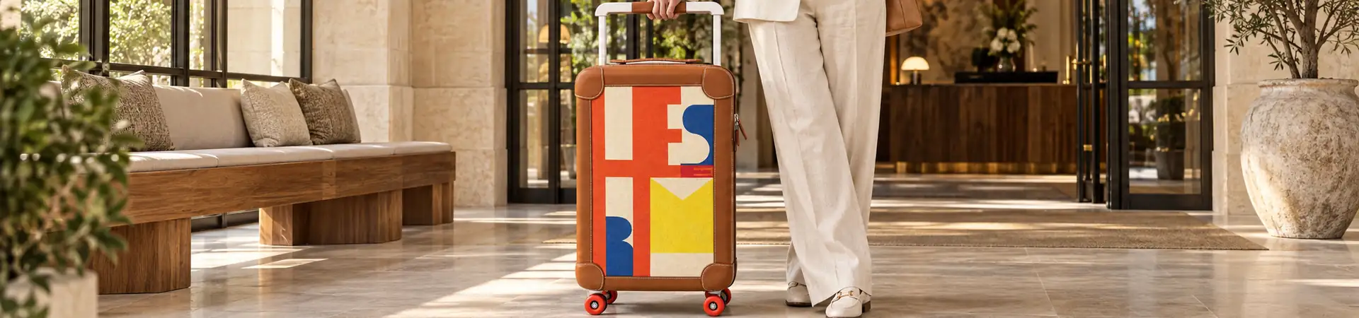 Чемодан коричневый с разноцветным геометрическим принтом от Hermès R.M.S Cabine BP5-051354 в lifestyle-сцене к статье «Чемодан с рисунком: что взять ему в компанию»