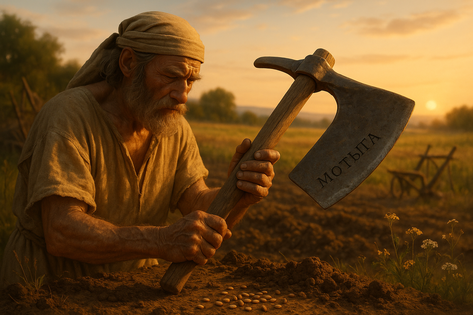 Мотыга - древнее сельскохозяйственное орудие для рыхления земли с рукояткой и заострённой рабочей частью