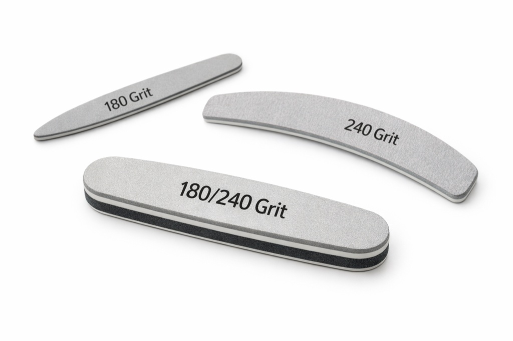 Пилки для пилочного маникюра с маркировкой 180 и 240 grit на светлом фоне