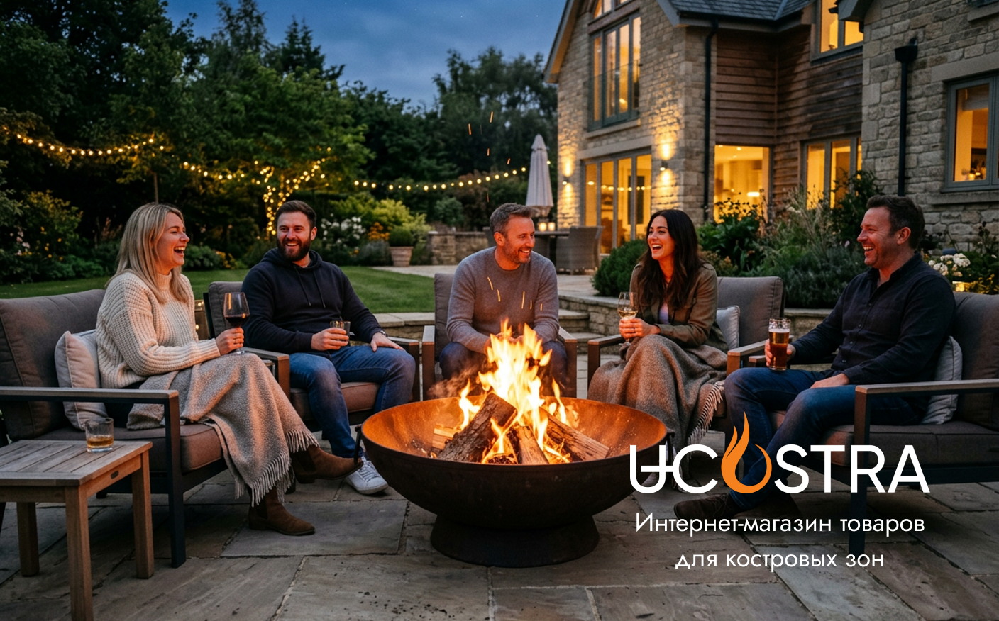 компания друзей вокруг костровой чаши