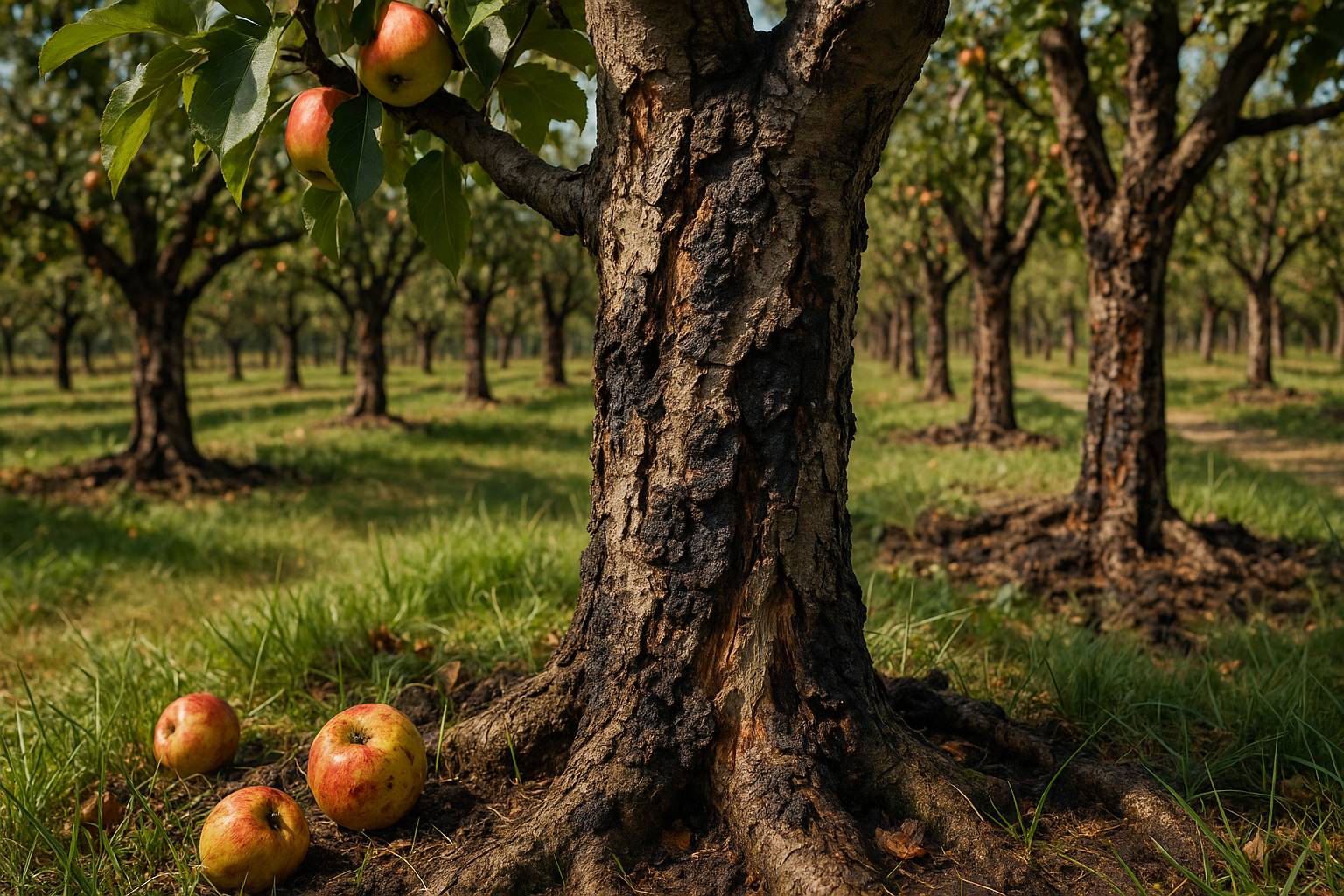 Фотографии заболеваний яблони: парша, мучнистая роса, черный рак и цитоспороз на различных частях дерева
