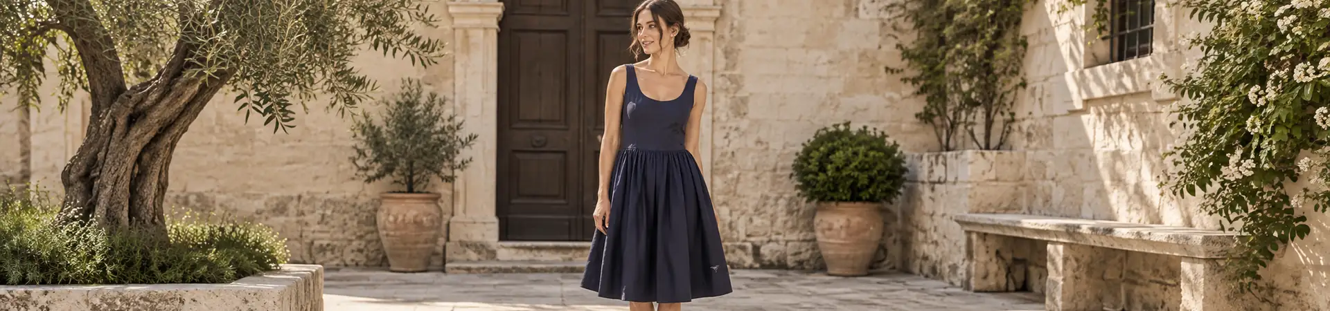 Платье тёмно-синее от Prada Cotton Canvas Dress BP5-208369 в lifestyle-сцене к статье «Платье с подчёркнутой талией: примеряем с ремнём и без»