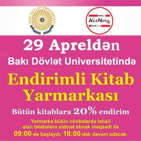 Dostlar, bugündən etibarən Bakı Slavyan Universitetində Endirimli Kitab Yarmarkası keçiririk. 2 gün davam edəcək. Ən yeni kitabları 20% endirim ilə əldə edə bilərsiniz. Və daha bir gözəl xəbər - sabahdan Bakı Dövlət Universitetində də Endirimli Kitab Yar