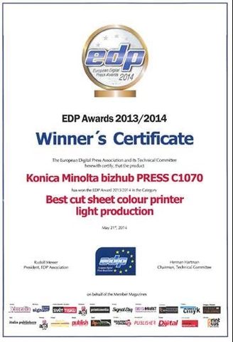 Лучшая цветная система производительной печати: bizhub PRESS C1070 компании Konica Minolta получила премию EDP