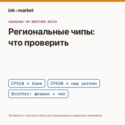 «Картридж несовместим»: региональные чипы Samsung CLT-404, HP CF510/CF530, Brother TN-2420 и маркировка чипов Ricoh