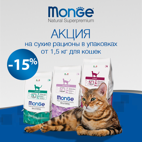 15% скидка на корма MONGE для кошек / ЗАВЕРШЕНА