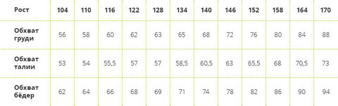 Studio Sports sizes table