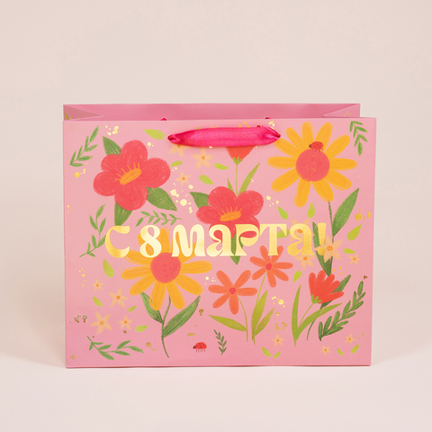 Пакет подарочный M горизонтальный, 8 Марта, Яркие цветы, Металлик, 26*32*12 см (Д*В*Ш), 1 шт.