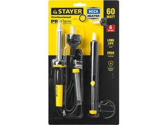 STAYER PROTerm, 60Вт, 2к рукоятка, конус, подставка+припой+сменн жало+оловоотсос+сменн насадка, набор для паяльных работ, Professional (55313-60-H6)