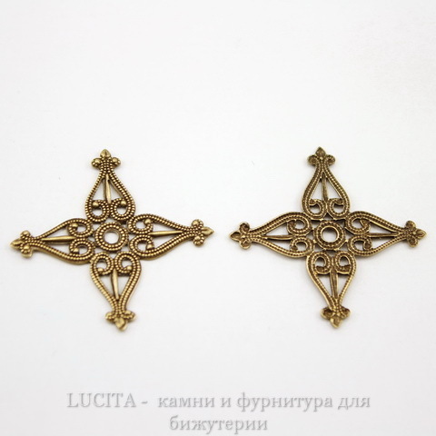 Винтажный декоративный элемент - филигрань "Четырехлистник" 34х34 мм (оксид латуни)