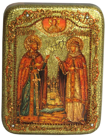 Инкрустированная рукописная икона Петр и Февронья 20х15см на натуральном дереве в подарочной коробке
