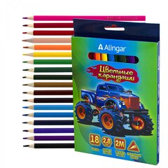 
          Карандаши цветные Alingar 18 цв., "Машины" деревянные, трехгранные, заточенные, грифель 2.8 мм, картон. уп., европодвес