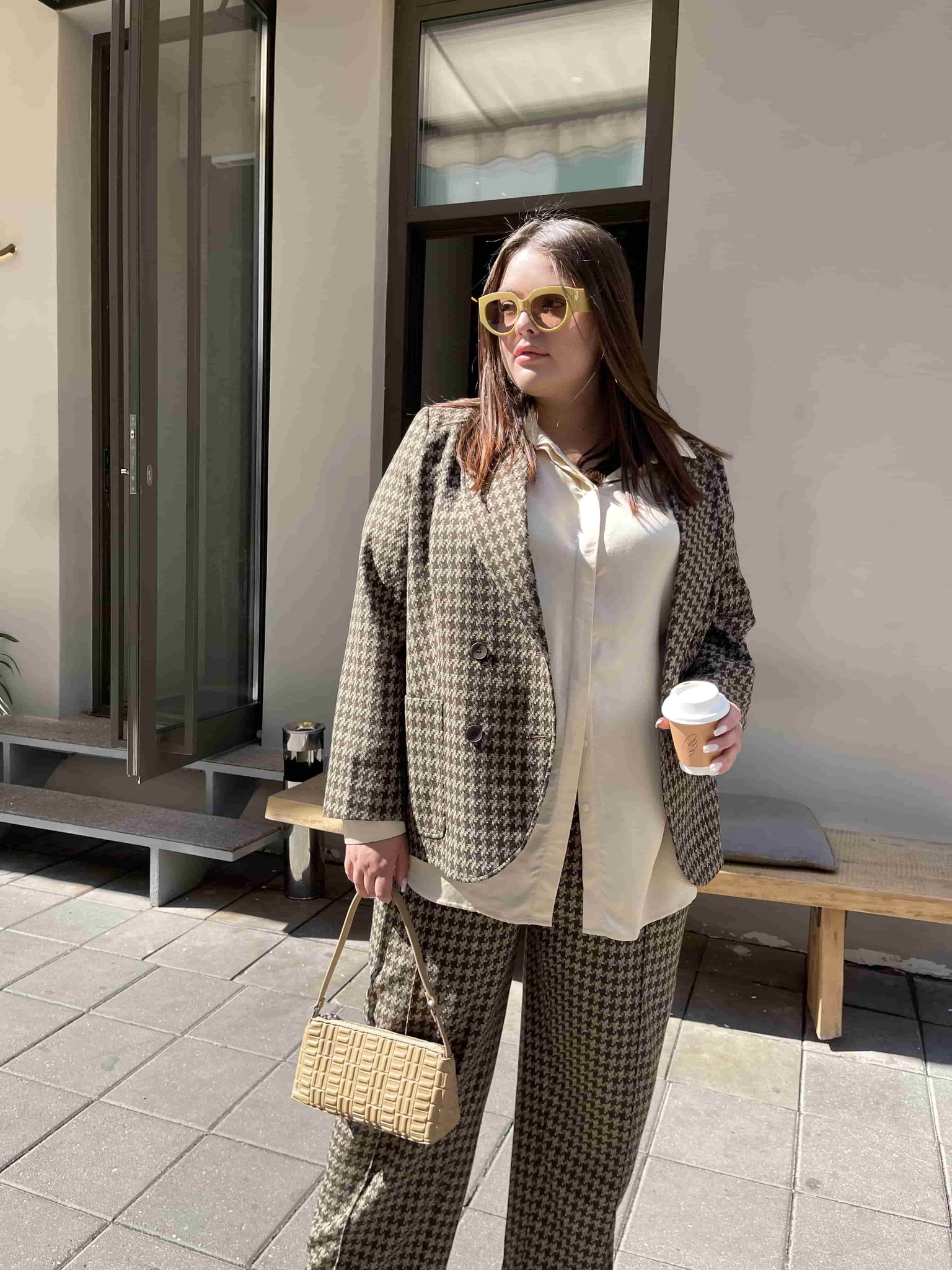 Брюки прямые широкие, гусиная лапка, коричневый