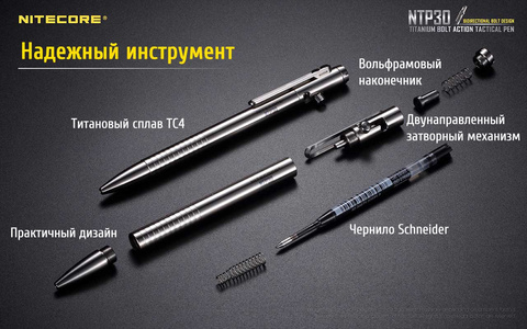 Ручка тактическая Nitecore NTP30 (18334) серебристый титан доп.ф.:стеклобой подар.кор.