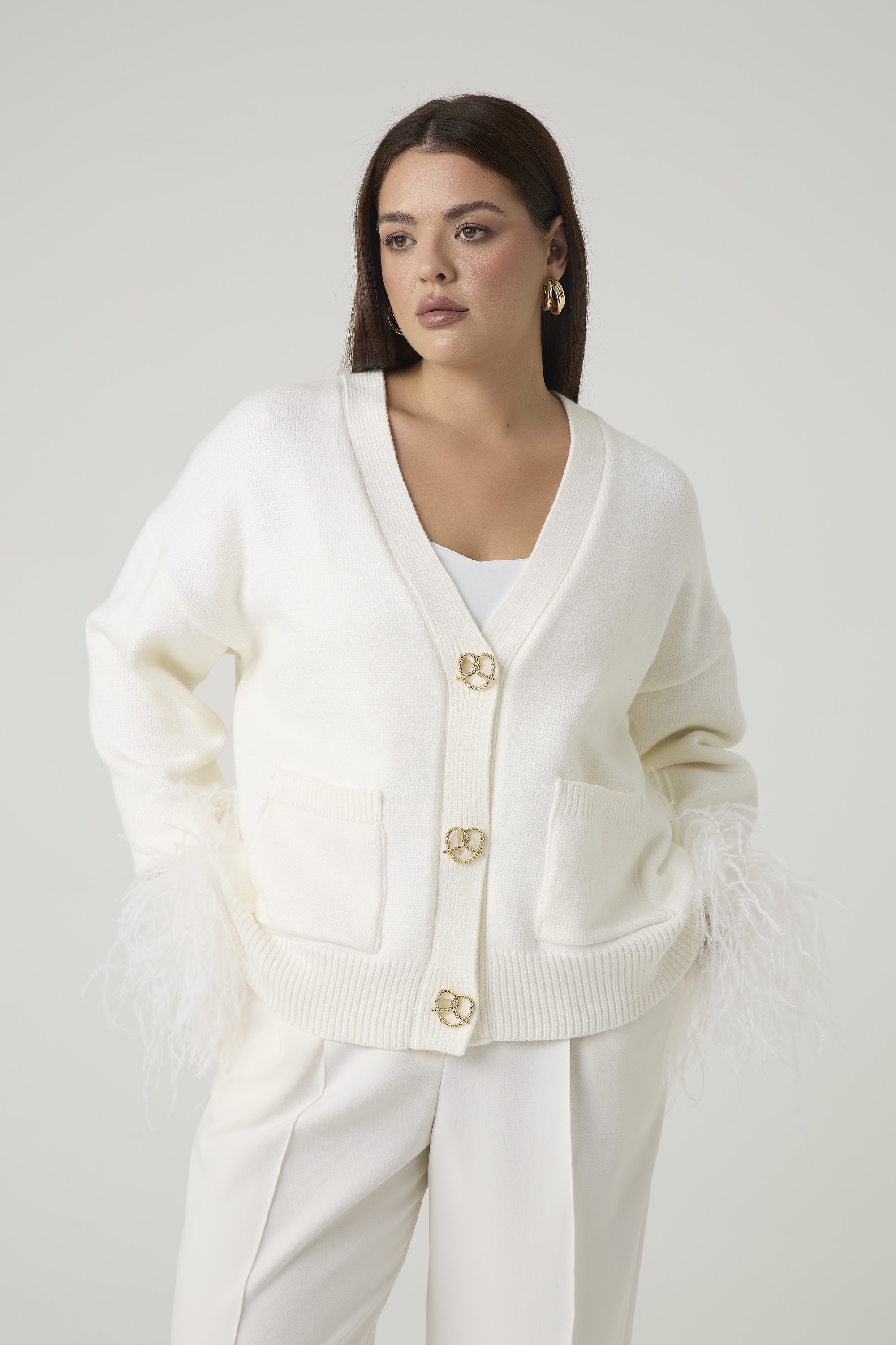 Кардиган вязаный с перьями, молочный