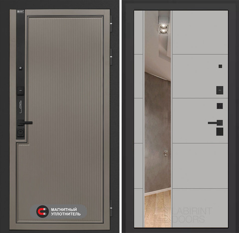 Входная дверь в квартиру Лабиринт Лаб про 1 Велютто кофе с зеркальной вставкой 19 Серый софт (без текстуры)