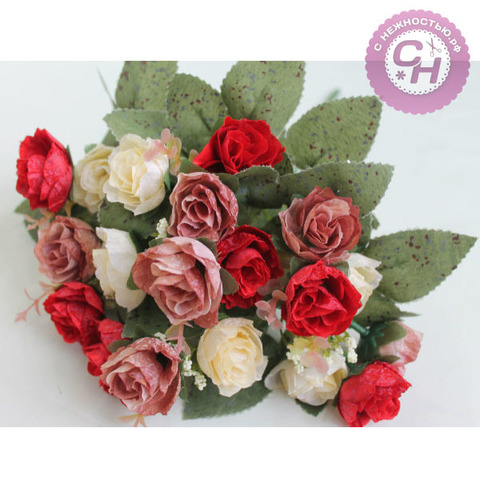 Розы искусственные мраморные мини, букет 21 голова, 7 веток, 35 см.