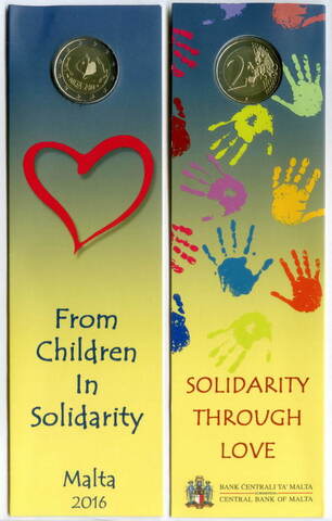 2 евро 2016 год. Мальта. Дети и солидарность - Любовь. Биметалл в оригинальном блистере