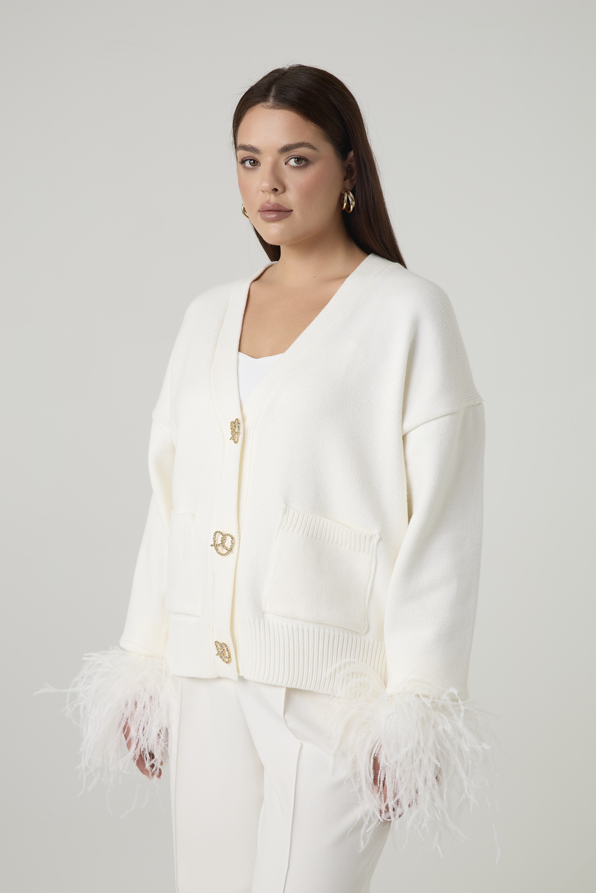 Кардиган вязаный с перьями, молочный