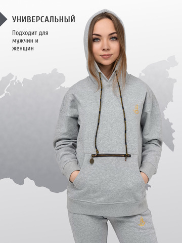 Худи цвета меланж с логотипом, без лампасов. Плотный футер