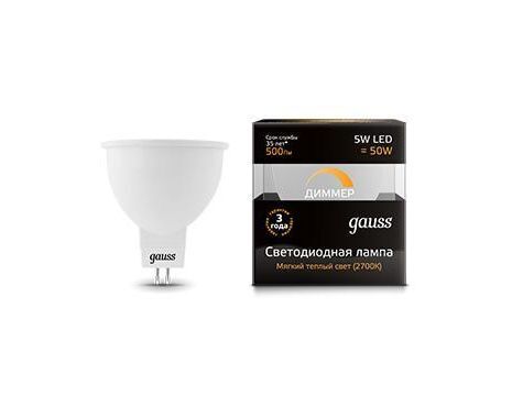 Лампа Светодиодная Gauss LED MR16 GU5.3-dim 5W 3000K диммируемая (101505105-D) (Мягкий теплый белый свет)