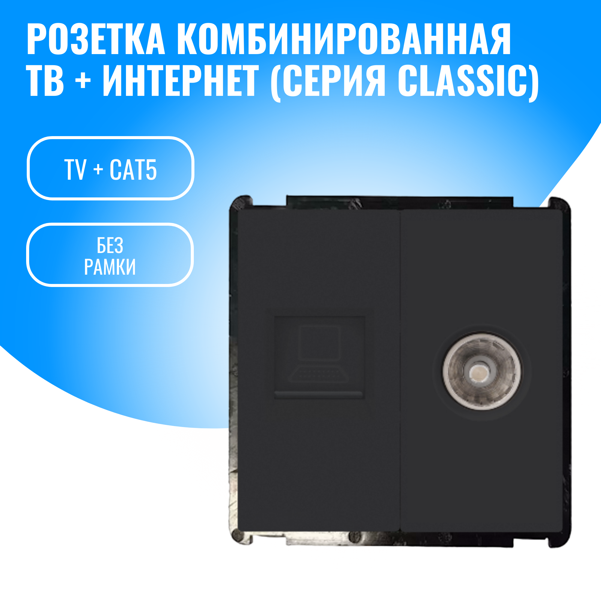 Розетка комбинированная ТВ + интернет Smart Aura модуль без рамки (черный)