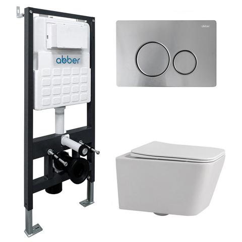 Abber AC1201-AC0105-AC0121MCH Комплект подвесной унитаз Abber Rechteck AC1201 белый с инсталляцией AC0105 и кнопкой AC0121MCH матовый хром