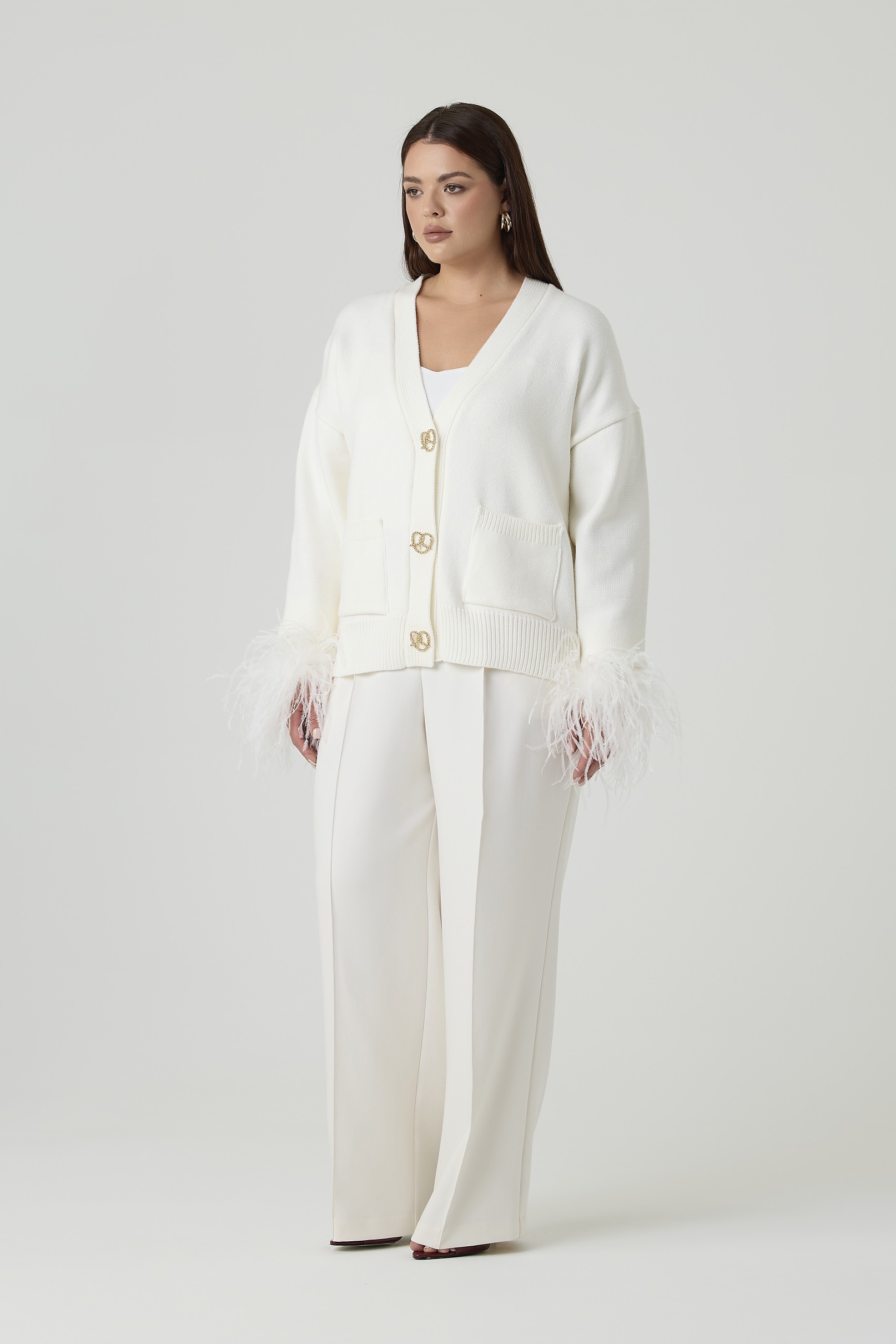 Кардиган вязаный с перьями, молочный