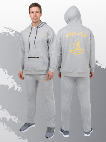 Худи цвета меланж с логотипом, без лампасов. Плотный футер