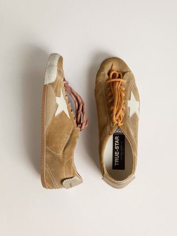 True Star in tobacco-colored suede with white star and platinum heel tab