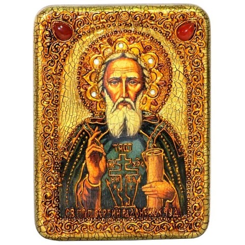Инкрустированная икона Преподобный Сергий Радонежский чудотворец 20х15см на натуральном дереве в подарочной коробке