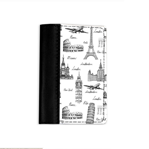 Обложка на паспорт комбинированная "Города мира" черная, белая вставка