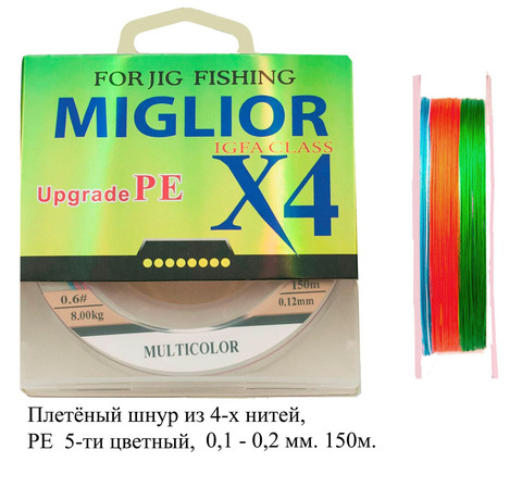 Плетёный шнур из 4-х нитей, 5-ти цветный, 0.12мм, 150м, 8кг	( мультиколор)