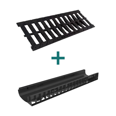 Комплект водоотводный Gidrolica Standart DN200: пластиковый лоток ЛВ-20.24,6.10 + чугунная щелевая решетка РВ-20.24.50, кл. C250